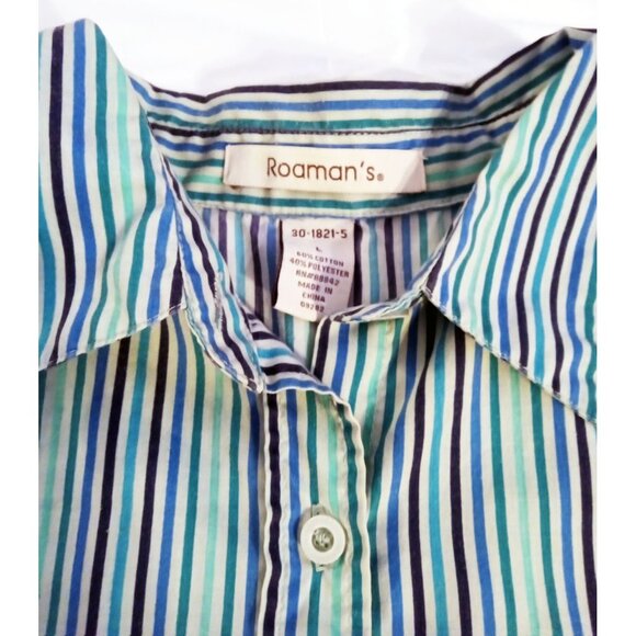 Button-Up Shirt Roamans Womens Green Blue Striped Size Large RN88842 Long Sleeve - Picture 5 of 13